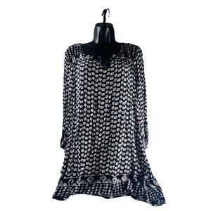 Angie Boho Dress Black & White Floral Print Long Sleeve Medium